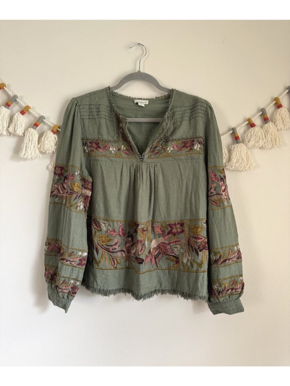 Boho Embroidered Olive Green Peasant Top